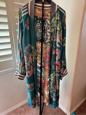 Johnny Was Teal Floral Silk Kimono Jacket with Multi-Color Print